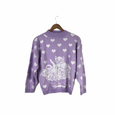 Vintage 80's Purple Fairy Kai Kitten Cat Sweater, 