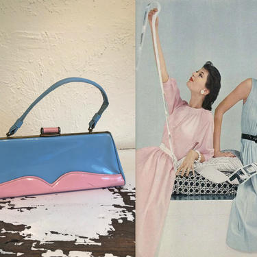 Which Photo Do You Like Sheila? - Vintage 1950s Baby Blue &amp; Baby Pink Vinyl Faux Leather Handbag 