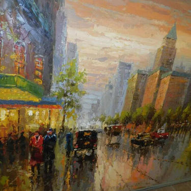 Painting, Oil on Canvas, French Street Scene, Monumental, Framed, 73" x 49.25"!