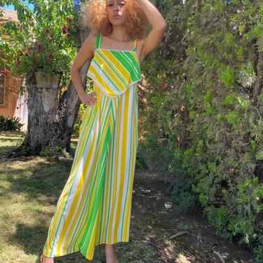 70s 80s Vintage TERRY CLOTH DRESS lemon yellow lime green maxi dress, vintage summer dress, size small medium 