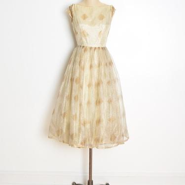 vintage 50s party prom dress cream organza harlequin print fit flare new look XS clothing 
