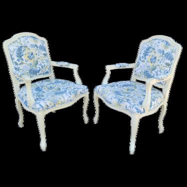 Vintage French Provincial Chairs in Antique White Lacquer With Blue and Yellow Floral Grandmillenial Upholstery