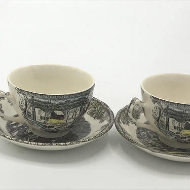 Vintage- Set of (2) Teacups and Saucer Sets  Coffee Mugs -The Friendly Village - Covered Bridge Johnson Bros England 