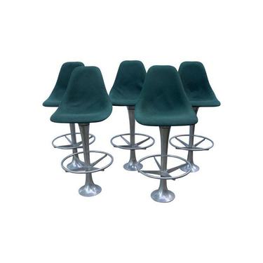 Mid-Century Modern Eames Green Floor Anchored Bar Stools - Set of 5