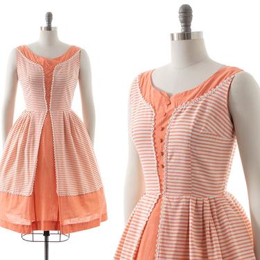 Vintage 1950s Sundress | 50s Striped Cotton Peach Fit and Flare Full Skirt Day Dress (medium) 