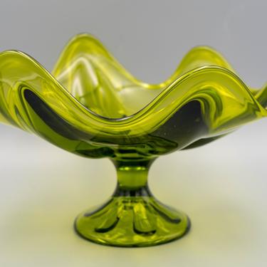 Viking Glass Six Petal Pedestal Compote | Avocado Green Epic Line Mid Century Modern Art Glass | Vintage Cake Plate Dessert Cupcake Tray 