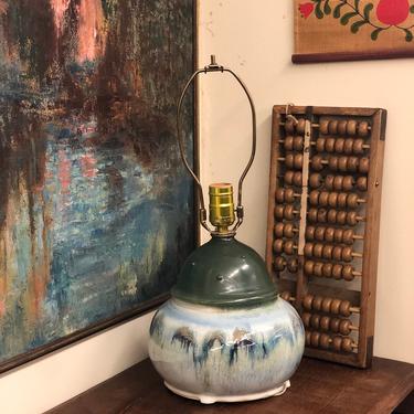 Vintage Studio Pottery Brass Multi-Color Lamp Home Decor Table Decor mid century modern retro Asian style green blue ceramic 