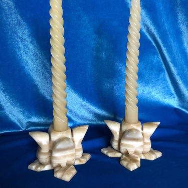 Vintage Candle Holders, Carved Alabaster Marble Stone, Mid-Century Modern Set of 2 , Twist Candles with Holders 