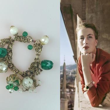 Balcony Stares of Florence - Vintage 1950s 1960s Pearl &amp; Green Beaded Dangle Bracelet 
