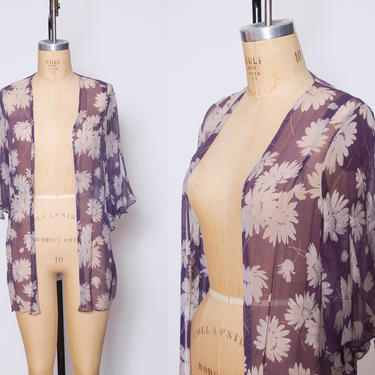 Vintage 1920s chiffon kimono / 20s chiffon top / sheer floral duster / flutter sleeve bed jacket / 1920s chiffon open blouse / 20s top 