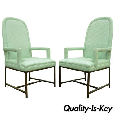 Pair Modern Upholstered Arm Chairs Brushed Brass Metal Base Milo Baughman Style