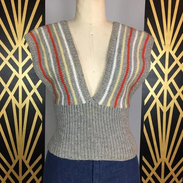 1970s sweater, vintage vest, knit top, plunging, medium, striped sweater, gray and orange, cropped top, deep v, sleeveless sweater, hippie 