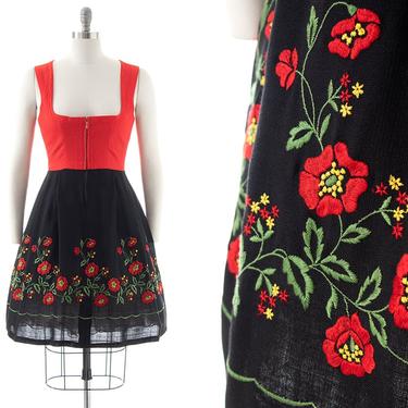 Vintage 1970s Dirndl Dress | 70s 1950s Style Floral Embroidered Border Print German Cotton Red Black Oktoberfest Sundress (small) 