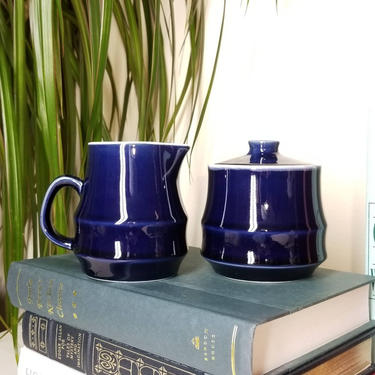 1970s Cobalt Blue Sugar Bowl and Creamer Set ~ Stoneware Made in Japan ~ Coffee Service ~ Collectible Kitchenware 
