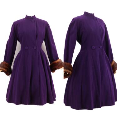 50s purple fur trim princess coat L / vintage 1950s TOWNLEY rich purple full sweep mink cuffs mid century winter coat large M 