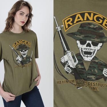 Vintage 80s Army Ranger Maximum Death Destruction Fatigue War 50 50 Skull T Shirt 