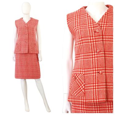 1970s Red & Cream Wool Houndstooth Vest and Skirt Set - 70s Vest and Skirt Set - Vintage Vest and Skirt Set - 70s Plaid Skirt | Size Medium 