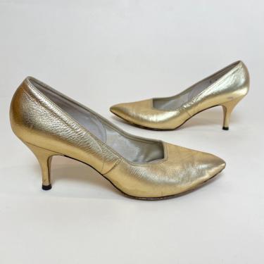 Vintage 1960s Pumps 60s Shoes Gold Spike Heel High Heels Size 8 