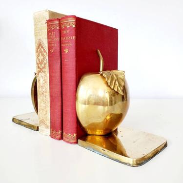 Vintage Solid Brass Apple Bookend Set 