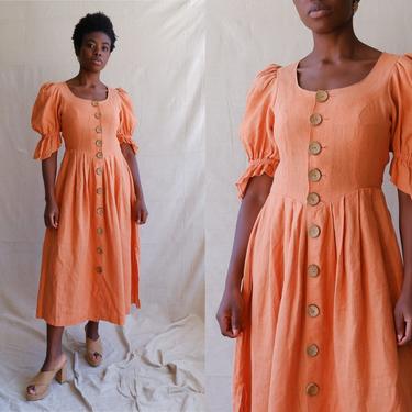 Vintage Peach Linen Puff Sleeve Dress with Wooden Button/Prairie Dress/ Size Medium 
