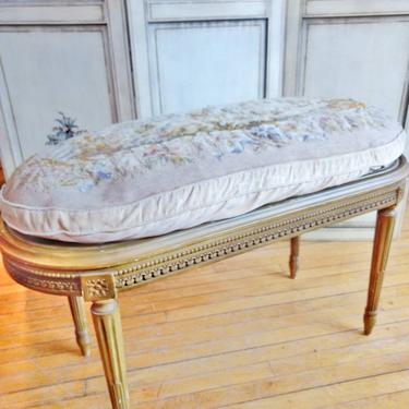 Vintage French Louis XVI style cane seat cushioned bench 