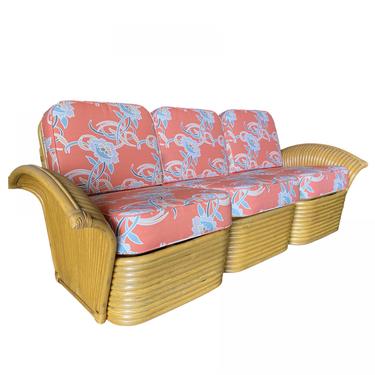 Restored &quot;Golden Girls&quot; Art Deco Rattan Fan Arm Three-Seat Sofa, Rare 