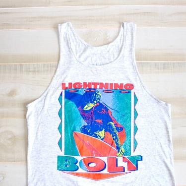 Vintage 1990s Lightning Bolt Tank Top Muscle Tee 90s Surf Neon Thunder Bolt Graphic T Shirt 