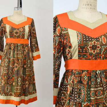 Vintage 1970s Faux Patchowork Cotton Bell Sleeve Midi Dress, 70s Calico Dress, Vintage Prairie Dress, Folk Hippie , Size Medium by Mo