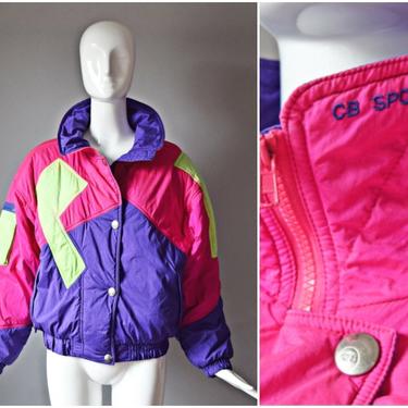 vtg 90s CB Sports hot pink + neon green colorblock winter ski coat jacket | pockets high neck nylon zip up casual 1990s streetwear colorful 