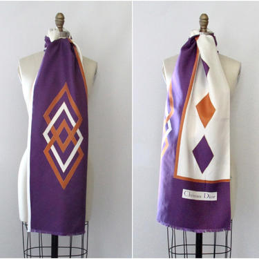 CHRISTIAN DIOR Vintage 70s Silk Scarf | 1970s CD Long Purple Diamond Geometric Print Neck Scarf Headscarf | French Parisian Paris Designer 
