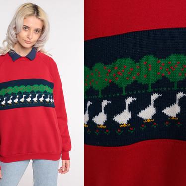 Duck Sweatshirt Collared Kawaii Sweatshirt 80s Farm Animal Sweatshirt 90s Vintage Red Slouchy Apple Tree Graphic Raglan Sleeve Medium Large 