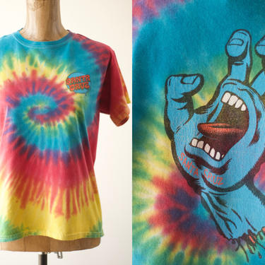 90s Vintage SANTA CRUZ SKATEBOARDS Screaming Hand Tie Dye T-Shirt, The Original Og Jim Phillips 1986 Artwork Rainbow Skate Tag Size L 14/16 