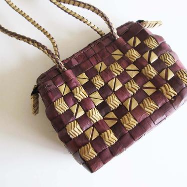 Vintage Woven Checkerboard Shoulder Bag - Straw Raffia Brown Beige Small Checkered Purse - 90s Minimalist Bag - Natural Fiber 