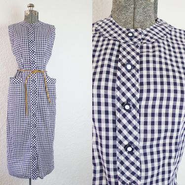 1950's Navy and White Gingham Plaid Wiggle Sun Dress 