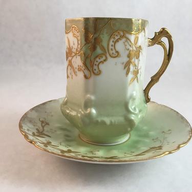 Antiques Limoges Chocolate Cup Green and Gold 