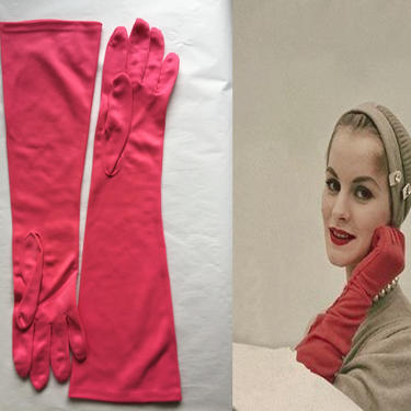 Strangely, Beverly Enjoyed Waiting - Vintage NOS 1950s Crescendo Cerise Pink Long Elbow Nylon Gloves - 6 1/2 to 7 