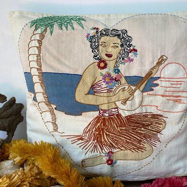 Vintage Hula Girl Embroidered Pillow Cover, Hawaiian Woman With Ukulele, Hawaii, Hand Embroidered Art, Boho, Tropical Beach Decor 