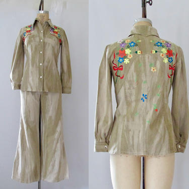 GET SET Vintage 70s Jacket and Pants Denim Two Piece | 1970s Tucker Knits Floral Embroidery Shirt Top Suit | Hippie Boho Funk | Size Medium 