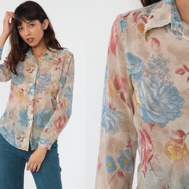 Sheer Floral Blouse 70s Boho Top Button Up Shirt Bohemian Long Sleeve 1970s Vintage Hippie Romantic Summer Fritzi of California Small 