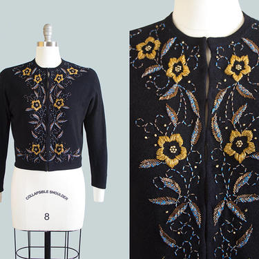 Vintage 1950s Cardigan | 50s Floral Beaded Knit Wool Angora Black Cropped Sweater Top (medium/large) 