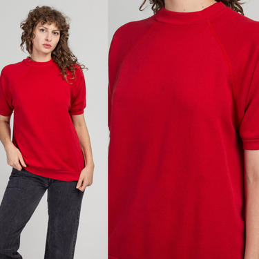 80s Red Raglan Sweatshirt Top - Large | Vintage Plain Short Sleeve Pullover Top 