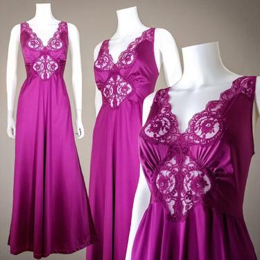 Vintage Lace Bust Nightgown, Medium / Stretch Loungewear Lingerie / Empire Waist Flared Purple Night Gown / Long Sleeveless Nylon Slip Dress 