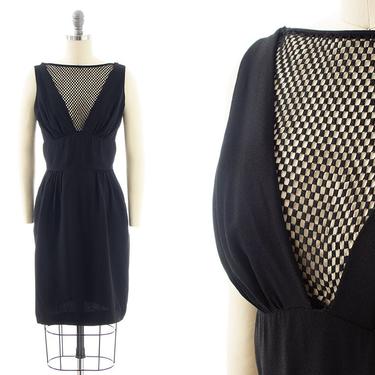 Vintage 1960s Party Dress | 60s Fishnet Mesh Scandal Low Cut Wiggle Sheath LBD Evening Cocktail Dress (x-small) 