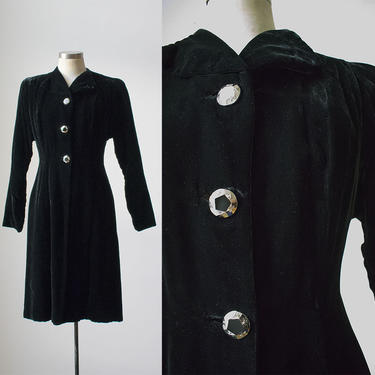 Vintage Black Velour Evening Coat / Dramatic 1940s Cloak / Black Velour Coat / Opera Coat / 40s Velvet Coat / 1940s Long Coat / Velvet Cloak 