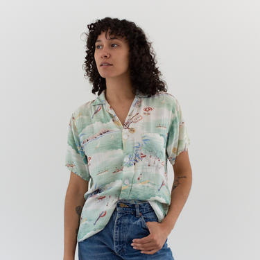 Vintage Light Green Tropical Print Short Sleeve Shirt | Hawaii Rayon Blouse | Hawaiian Top | S M 