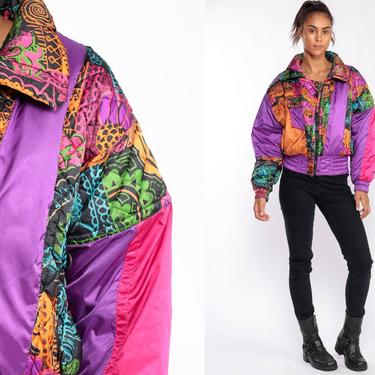 Ski Jacket Winter Coat Puffy Jacket 90s Neon Purple Floral Parka Puffer Coat 80s Retro Jacket Hipster Vintage Puff Pink Small Medium 