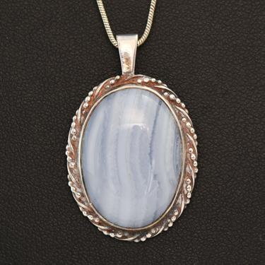80's Malcolm Grey blue lace agate sterling elegant oval pendant, long beaded 925 silver blue cab hallmarked Scotland necklace 