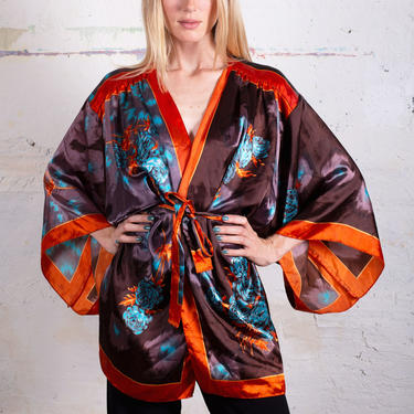 Vintage Floral Print Flutter Sleeve Rayon Tie Front Kimono Rose Print Burnt Orange Blue Robe Duster 