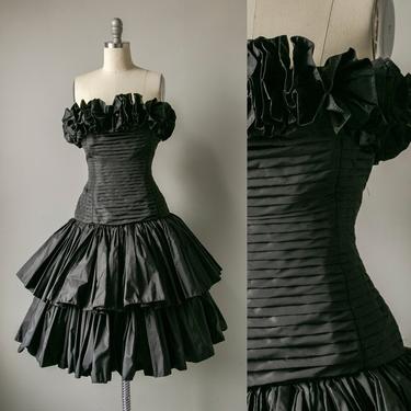 1980s Victor Costa Dress Black Ruffle M 