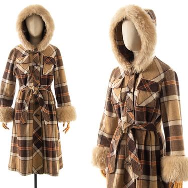Vintage 1970s Princess Coat | 70s Hooded Faux Fur Trim Plaid Wool Brown Belted Long Winter Coat (small/medium) 